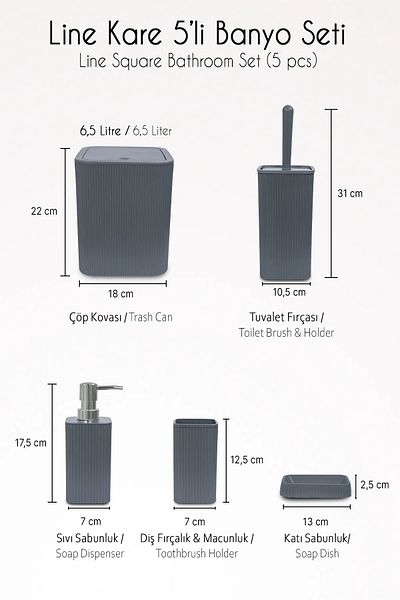 Lida 5-Piece Square Model Bathroom Set - Trash Can, Wc Brush, Liquid Soap Dispenser, Toothbrush Holder, Solid Soap Dispenser