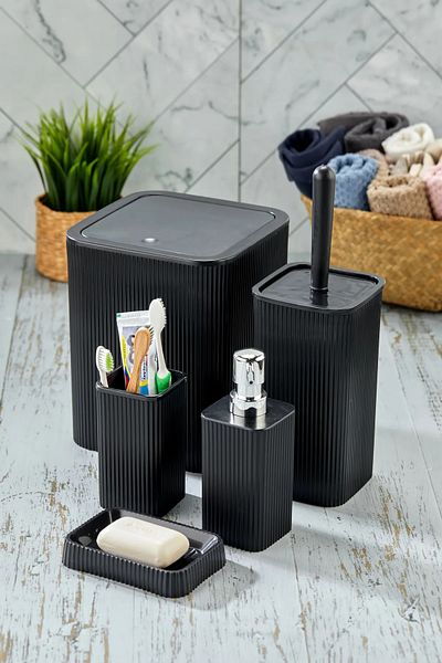 Lida 5-Piece Square Model Bathroom Set - Trash Can, Wc Brush, Liquid Soap Dispenser, Toothbrush Holder, Solid Soap Dispenser