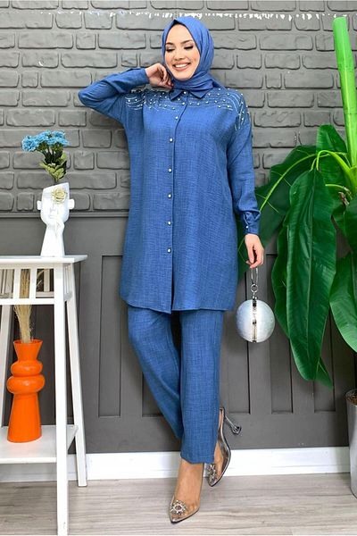 TRENDTESETTÜR Γυναικείο μπλε Navy Blue (NDIGO) Κοστούμι παντελόνι με στάμπα με κουμπιά T 0348