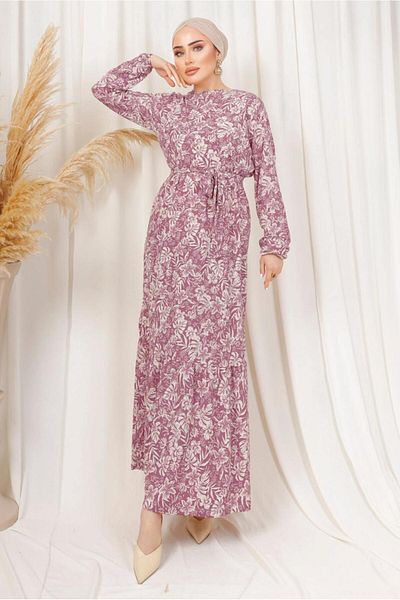 TRENDTESETTÜR Pink Rose Patterned - Belted Wrap Γυναικείο Φόρεμα T 1113