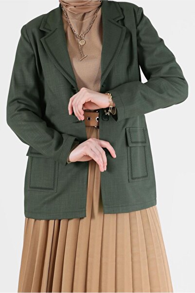 TRENDTESETTÜR Women's Khaki Double Breasted Collar Pocket Jacket T 41448