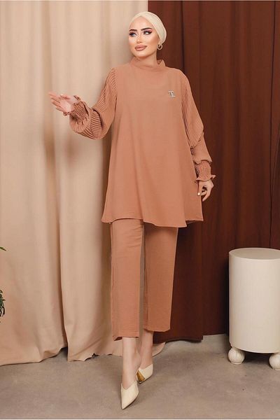 TRENDTESETTÜR WOMEN'S ORANGE (PEACH) BROOCHE DETAILED SLEEVE PLEATED PANT SUIT T 6213
