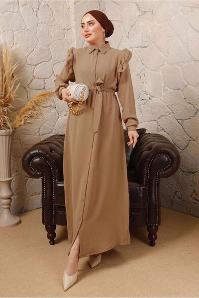 TRENDTESETTÜR Φόρεμα CAMEL Καφέ Πέτρα με λεπτομέρεια βολάν μανίκια T 4503