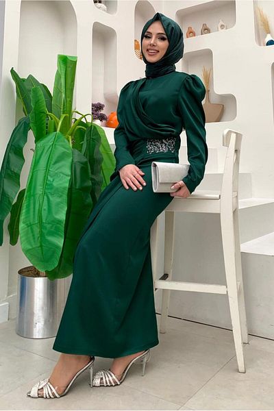 TRENDTESETTÜR Γυναικείο βραδινό φόρεμα με λεπτομέρεια από πέτρα πράσινο (SMOKE) T 6873