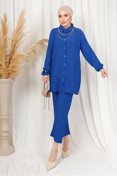 TRENDTESETTÜR Γυναικείο Navy Blue (INDIGO) Σετ παντελονιού με αλυσίδα με ανάγλυφο σχέδιο T 3603