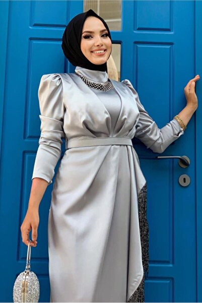 TRENDTESETTÜR Γυναικείο βραδινό φόρεμα με φούντες σε γκρι ζώνη T 3673