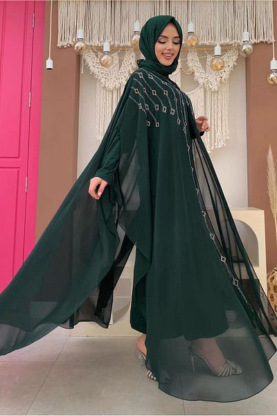 TRENDTESETTÜR Green Emerald Hooded and Stone Embroidered Women's Evening Dress Set - t 9773