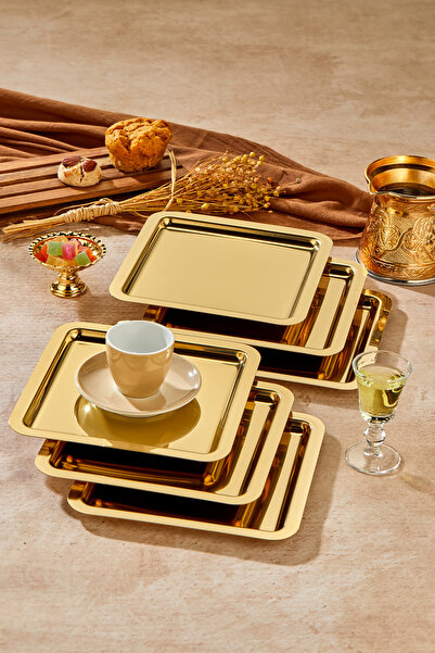 Genel Markalar Royal Gold Serisi Gold Sunum Tepsisi, Söz Nişan Tepsisi,  24cm, Avangart Dizayn, 6 Adet