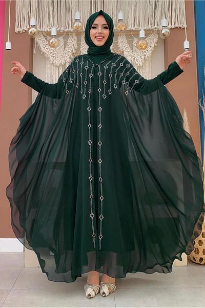 TRENDTESETTÜR Green Emerald Hooded and Stone Embroidered Women's Evening Dress Set - t 9773