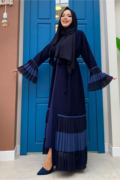 TRENDTESETTÜR Abaya cu volan detaliat plisat albastru bleumarin pentru femei T 4547