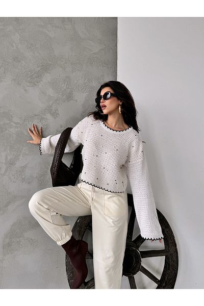 veira Pulover tricotat cu mâneci raglan cu mărgele