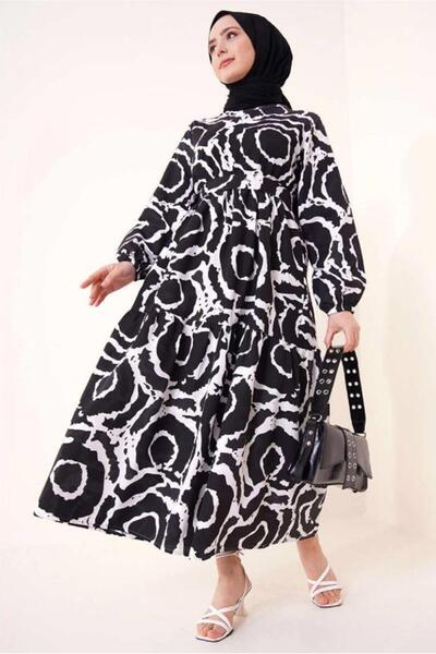 TRENDTESETTÜR WOMEN'S BLACK PATTERNED BELLOW DRESS T 744