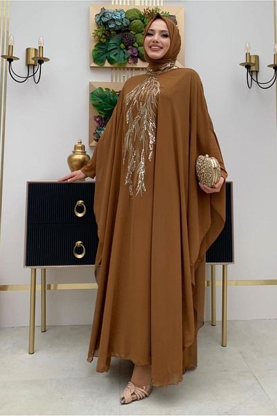 TRENDTESETTÜR Γυναικείο Σετ Φόρεμα Abaya με Κεντημένες Παγιέτες - T 4773