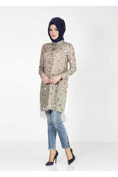 TRENDTESETTÜR Women's Khaki Patterned Tunic T 4624
