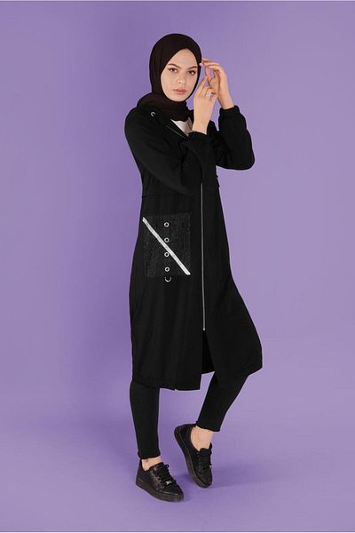 TRENDTESETTÜR Γυναικεία καμπαρντίνα με μαύρη τσέπη με λεπτομέρεια μεταλλικά αξεσουάρ T 10395