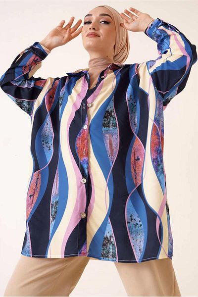 TRENDTESETTÜR WOMEN'S NAVY BLUE PATTERNED SHIRT TUNIC T 3988