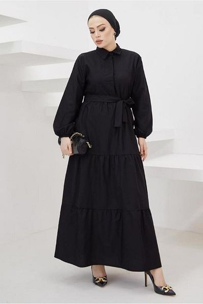 TRENDTESETTÜR Γυναικείο φόρεμα Casual System Black Belted πουκάμισο γιακά - T 724
