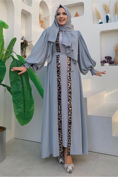 TRENDTESETTÜR Gray Leopard Patterned Belted Balloon Sleeve Women's Fairy - T 2857