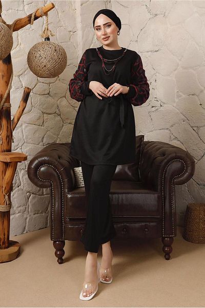 TRENDTESETTÜR Women's Red Sleeves Chiffon Patterned Chain Detailed Trousers Suit T 8103
