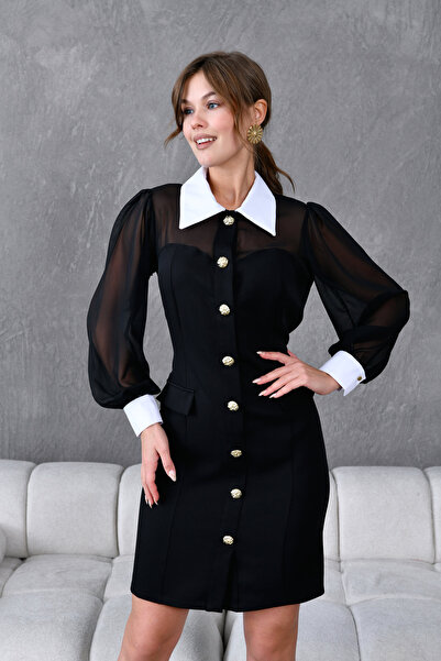 ZISHAN Yaka Detaylı Önden Düğmeli Kolları Tül Midi Boy Şık Modern Tasarım Kad...