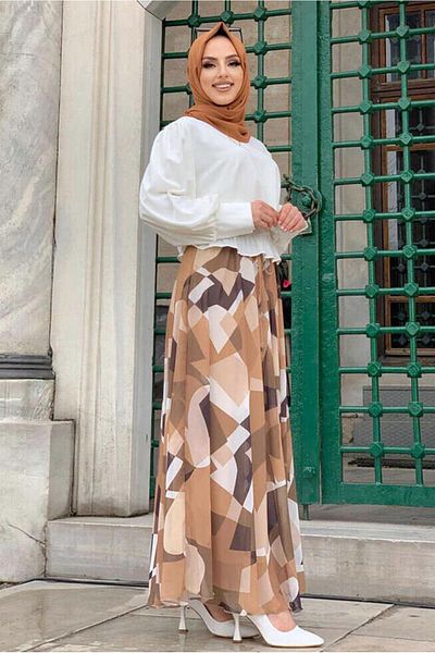 TRENDTESETTÜR Women's Ecru Gathered Waist Patterned Skirt Suit T 8928