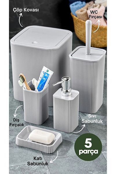 Lida 5-Piece Square Model Bathroom Set - Trash Can, Wc Brush, Liquid Soap Dispenser, Toothbrush Holder, Solid Soap Dispenser