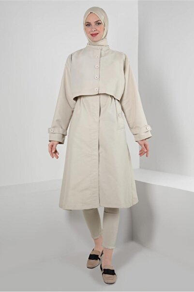 TRENDTESETTÜR Kadın Bej (TAŞ) Düğme Detaylı Bolerolu Trençkot T 95007