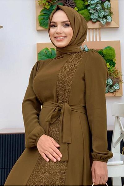 TRENDTESETTÜR Γυναικείο φόρεμα Tan Lace με λεπτομέρεια και φύλλο - T 5673