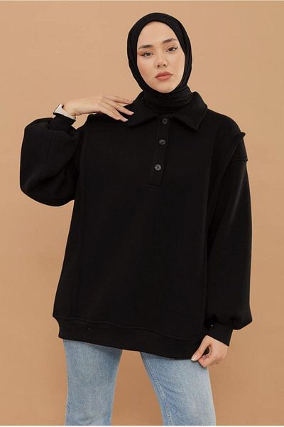 TRENDTESETTÜR WOMEN'S BLACK CHARTED BALLON SLEEVE TUNIC T 6023