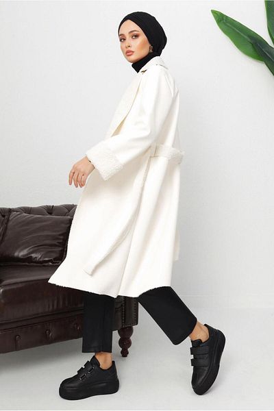 TRENDTESETTÜR Women's Ecru Belted Faux Leather Coat T 1153