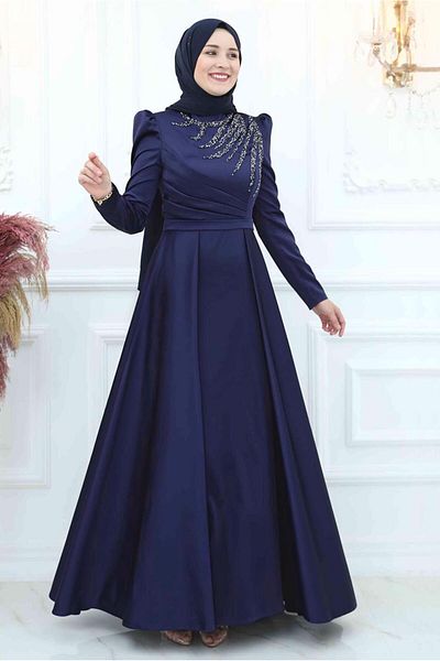 TRENDTESETTÜR Rochie de seară de damă albastru închis cu pliuri în față cu strasuri T 3553