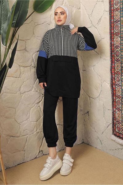 TRENDTESETTÜR WOMEN'S BLACK (BLACK-SAX) PUMP PATTERNED ZIPPERED TRACK SUIT T 2143