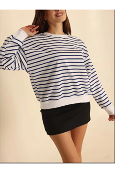 Lumora Bisiklet Yaka Yumuşak Dokulu Çizgili Cotton Sweatshirt