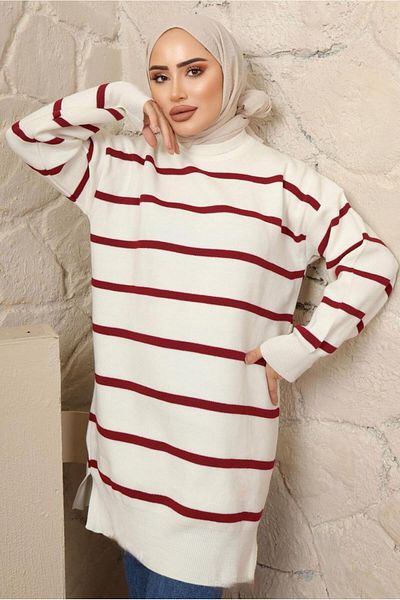 TRENDTESETTÜR WOMEN'S RED STRIPED KNITWEAR TUNIC T 1608