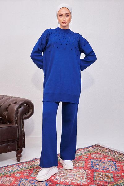 TRENDTESETTÜR Γυναικείο Navy Blue (SAKS) Πλεκτό Σετ με Παντελόνι με Πέρλες T 8608