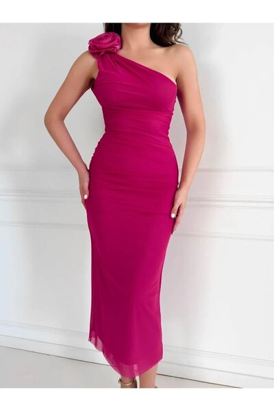 Glysso Kadın Tek Omuz Drapeli Gül Detaylı Fuşya Pembe Tül Elbise