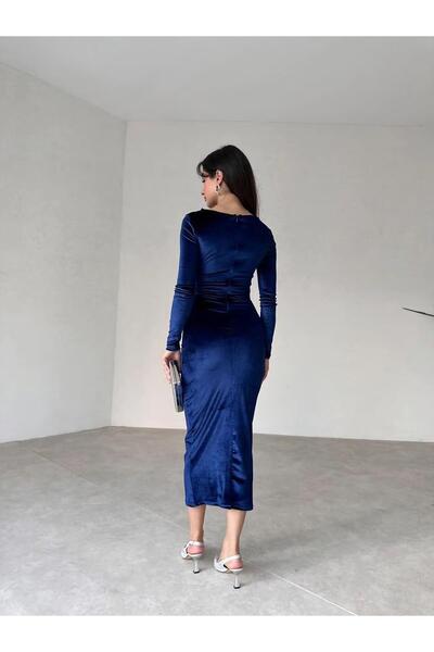 Glysso Bisiklet Yaka Drapeli Kadife Uzun Sax Mavi Elbise