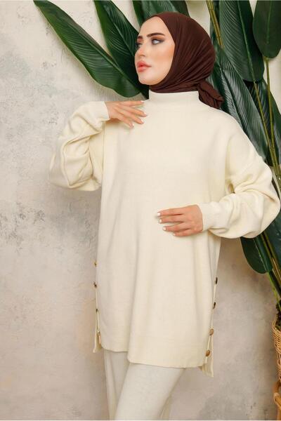 TRENDTESETTÜR Women's Ecru Necked Neck Double Pants Knitwear Suit T 0108