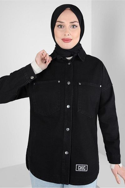 TRENDTESETTÜR Women's BLACK DENIM SHIRT T 0501