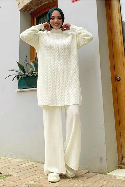 TRENDTESETTÜR Women's Ecru Knitwear Trousers Suit T 01332