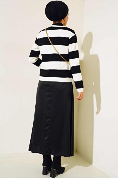 TRENDTESETTÜR Μαύρο ριγέ γυναικείο πλεκτό ζακέτα - T 0503