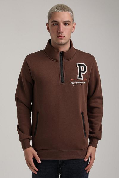 NEW WORLD POLO Stand Collar Brown Slim Fit Full-Zip Sweatshirt 24Fwm64075