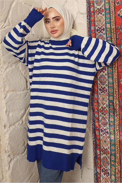 TRENDTESETTÜR Women's Navy Blue (SAKS) Striped Knitwear Tunic T 4608