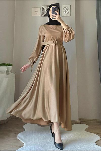 TRENDTESETTÜR Γυναικείο Καφέ (K.CAMEL) Σατέν Βραδινό Φόρεμα Τ 1395 με ζώνη
