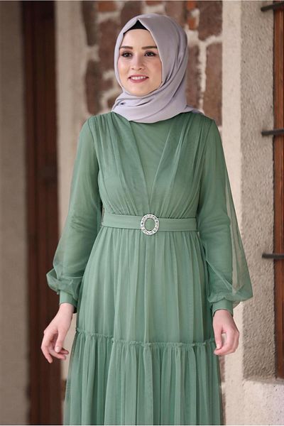 TRENDTESETTÜR ROCHIE DE SEARA VERDE (CRIBLE) PENTRU FEMEI CU CUREA CU DETALET ȘIRUL T 2253