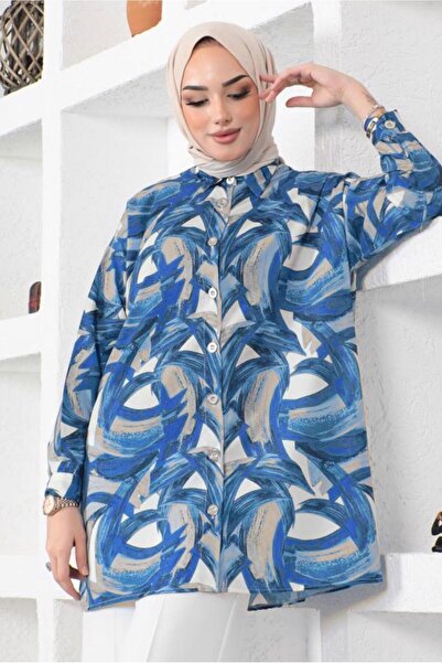 TRENDTESETTÜR KADIN LACİVERT (İNDİGO) DESENLİ GÖMLEK TUNİK T 4888