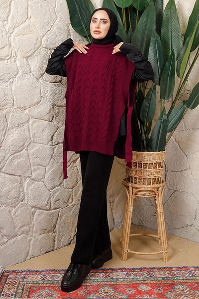 TRENDTESETTÜR WOMEN'S Claret Red Sleeveless SIDE TIE DETAILED KNIT PONCHO T 4508