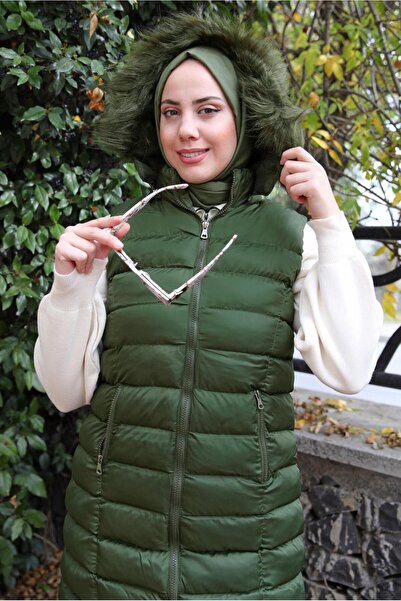 TRENDTESETTÜR WOMEN'S KHAKI HOODED PUFFY VEST T 4747