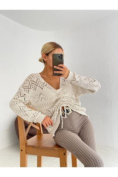 Glysso Openwork Gathered Lace-up Ecru Cream Beige V-Neck Casual Women's Sweater