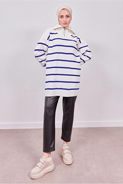 TRENDTESETTÜR KADIN LACİVERT (SAKS) ÇİZGİLİ TRİKO ТУНІКА T 9808